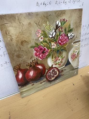 divar tablosu: Əsərin adı: Nar və güllər ilə natürmort – orijinal yağlı boya tablo — 1