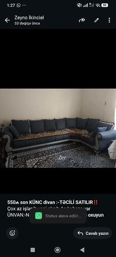 *550₼ son KÜNC divan :-TƏCİLİ SATILIR*‼️ Çox az işlənib yeni alınıb