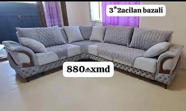 divan acılan: Künc divan dəsti – 3+2 açılan, bazalı model - Rəng: Açıq-boz tonlarda — 1