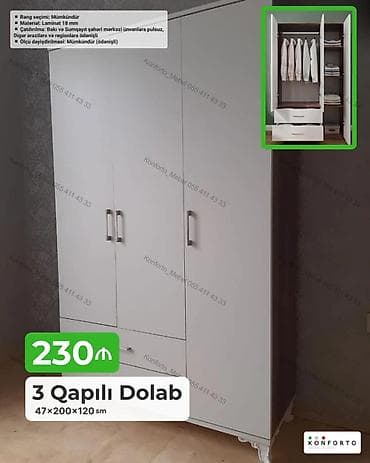 desmalar: 3 qapılı dolab. Ölçüləri: 47 × 200 × 120 sm Material: 18 mm laminat — 1