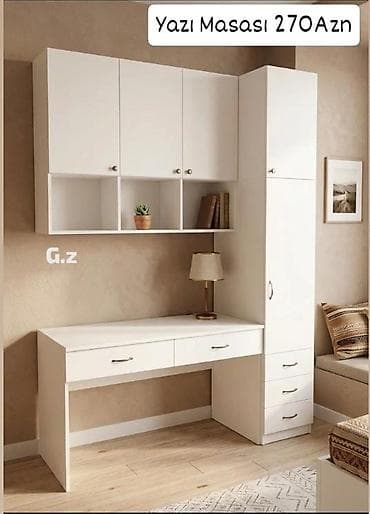 Yazı masası və üst şkaf modulu - Rəng: ağ - Komplekt: geniş iş masası