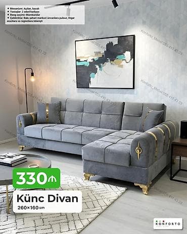 Künc Divan – 260×160 sm - Mexanizm: Açılan, bazalı (yataq funksiyası