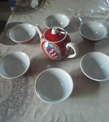 cay: Çay dəsti, rəng - Qırmızı, Keramika, 6 nəfərlik, SSRİ — 1
