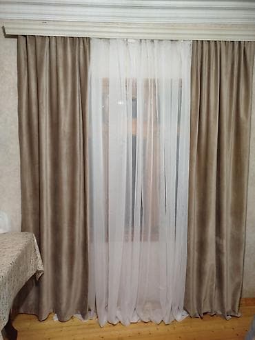 Qızılı-bej rəngli qalın pərdə və ağ tull şəffaf tül kombini - Dəst: 2 — 1