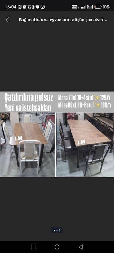 metbex stol stulları qiymetleri: Mətbəx üçün, Yeni, Açılmayan, Dördbucaq masa, 4 stul — 2