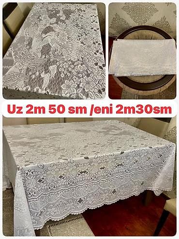 Ağ rəngli zərif naxışlı süfrə. - Ölçü: uzunluq 2 m 50 sm, en 2 m 30