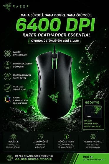 pc 1 tb: Razer DeathAdder Essential oyun siçanı - 6400 DPI optik sensor – — 1