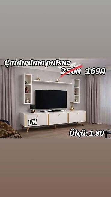 data kabel lan: TV stendi və divar rəfi dəsti - Ümumi dizayn: Ağ rəng, qızılı — 1