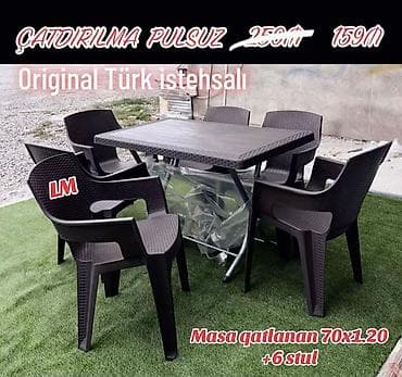 Dördbucaq masa, 6 stul, Qatlanan, Stullar ilə, Plastik, Türkiyə