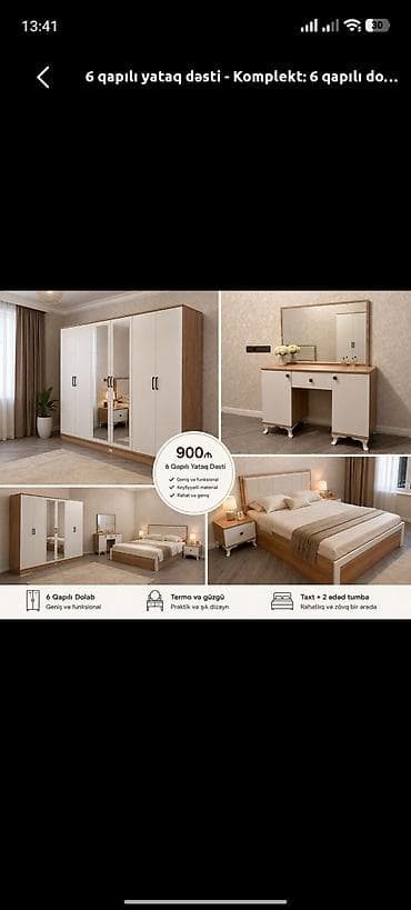 6 qapılı yataq dəsti – tam komplekt Tərkib: - 6 qapılı dolab: geniş