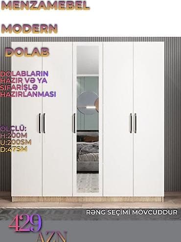 Yeni, 4 qapılı, Güzgülü, Ağ, Taxta, Açılan, Düz dolab