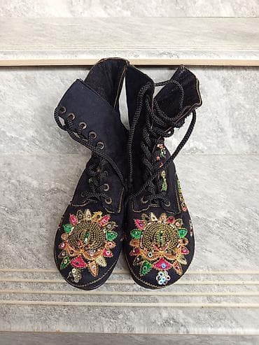 yay çəkmələri: Qadın üçün etnik üslubda qara şnurbağlı çəkmələr - Material: yumşaq — 1