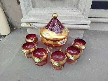 super dini sekiller: Qızılı-bordo şüşə ponç dəsti - Tərkibi: 1 ədəd qapaqlı ponç/kompot — 2