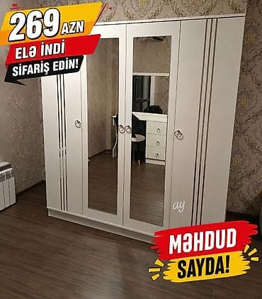 Yeni, 4 qapılı, Güzgülü, Ağ, Açılan, Düz dolab