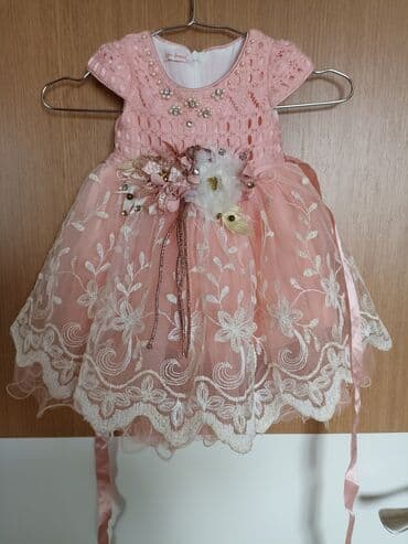 детские платья с длинным рукавом: Uşaq üçün zərif ziyafət donu - Rəng: pudra-çəhrayı - Üst hissə — 1