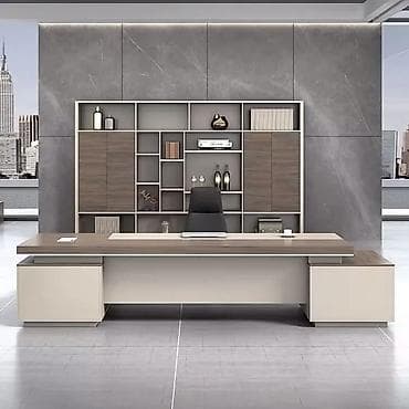 Müasir direktor kabineti üçün masa və kitab rəfi dəsti.Hər növ