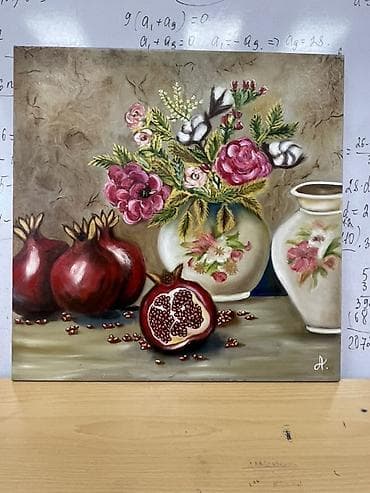 divar tablosu: Əsərin adı: Nar və güllər ilə natürmort – orijinal yağlı boya tablo — 2
