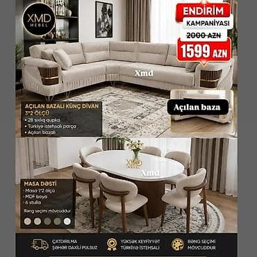 divan sekilleri: MDF boyalı yemək masası dəsti – 6 stul ilə - Masa ölçüsü: 1×2 m - — 10