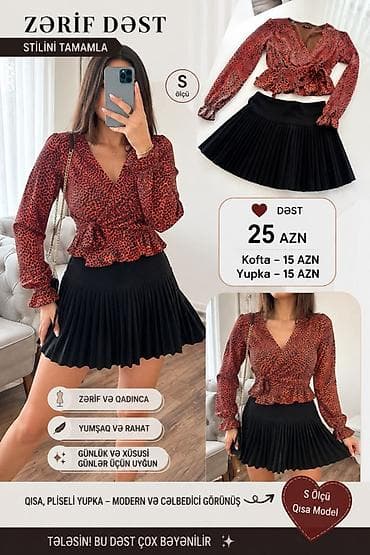 alt geyimleri: Zərif qadın geyim dəstləri 1) Qısa pliseli ətək + naxışlı qırmızı — 1