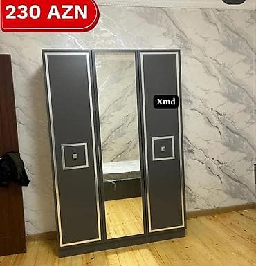 qardirob otagi: 3 qapılı, Güzgülü, Boz, Digər material, Açılan, Düz dolab — 1