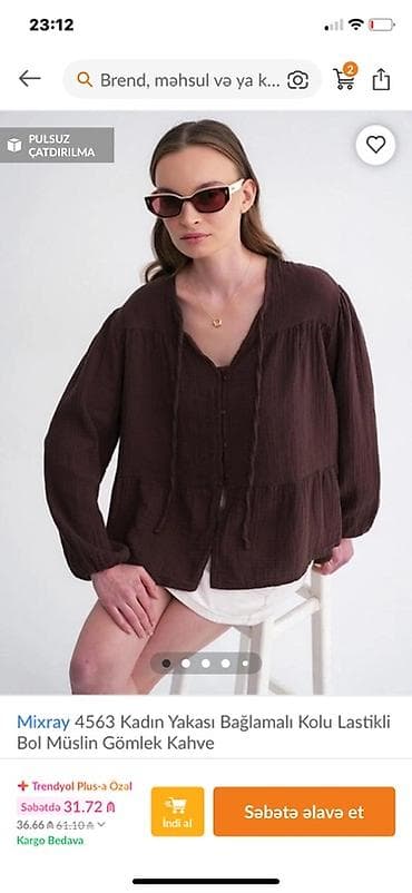 Mixray 4563 qadın köynək – qəhvə rəngi - Parça: muslin (nəfəs alan