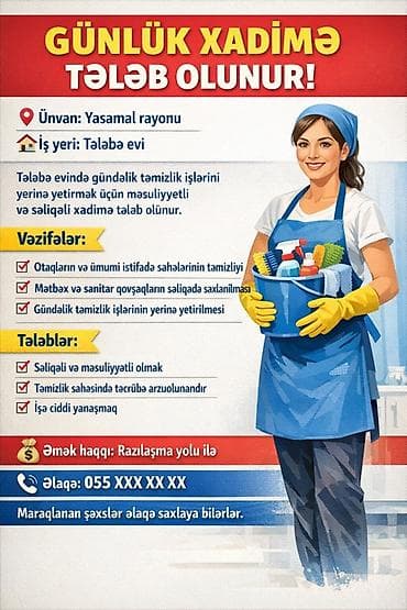 sac ustasi axtarilir: Gündəlik xadimə axtarılır Ünvan: Yasamal rayonu İş yeri: Tələbə evi — 1