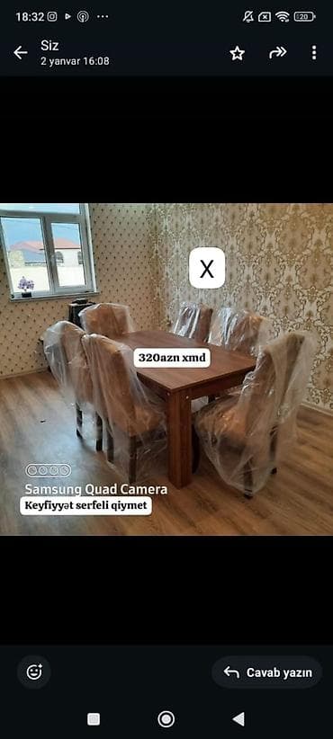 Mebel: Yemək masası dəsti - Dəst: 1 ədəd düzbucaqlı yemək masası + 6 ədəd — 1