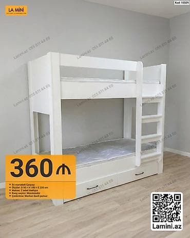 matras alti: İki mərtəbəli çarpayı – minimalist dizayn, ağ rəng - Ölçülər: D 90 × H — 1