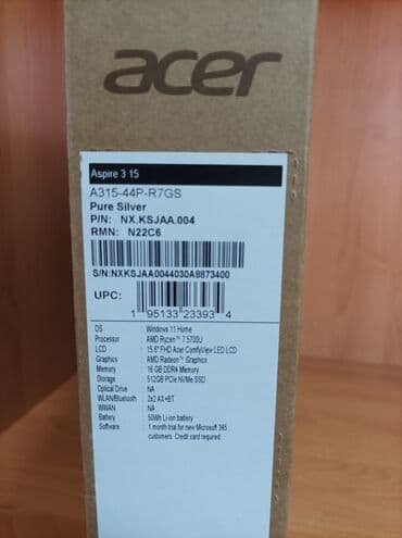 Acer: Yeni Acer Aspire, 15.6 ", AMD Ryzen 7, 512 GB, Rayonlara çatdırılma, Ünvandan götürmə, Ödənişli çatdırılma — 4