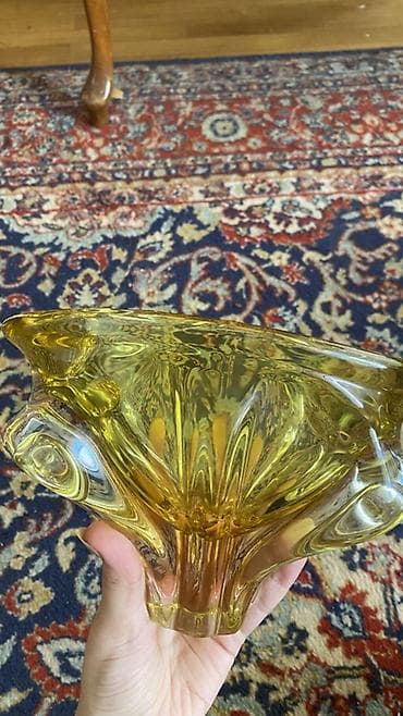 dekorativ qab: Sarı tonlarda üfürülmüş şüşə dekor qab - Material: qalın, şəffaf — 1