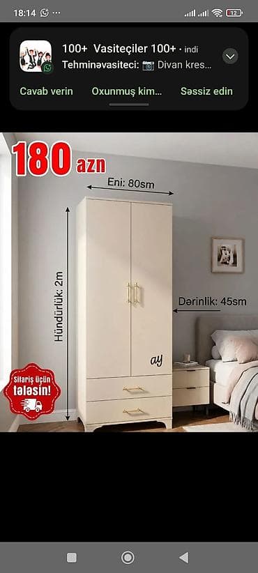 İki qapılı şkaf Ölçülər: - Hündürlük: 2 m - Eni: 80 sm - Dərinlik: 45