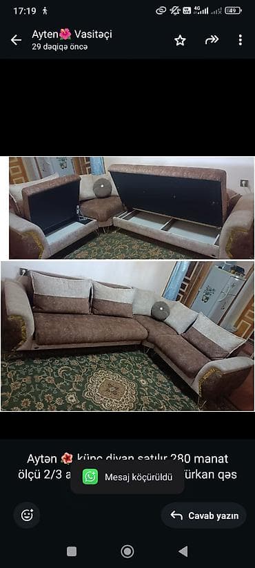 Aytən 🌺 künc divan satılır 280 manat ölçü 2/3 açılır bazalidir ünvan