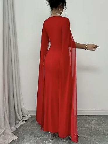 vecer donlari: Qırmızı qolsuz-kaftan detallı ziyafət donu - Rəng: parlaq qırmızı - — 2