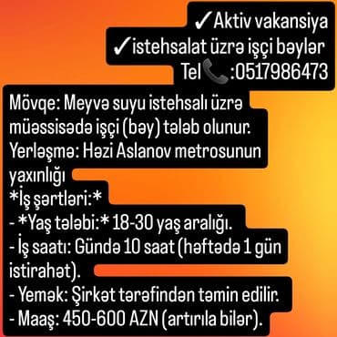 работа баку без опыта: Tel📞:0517986473 Ətraflı məlumat üçün ofisə yaxınlaşa bilərsiz.Həftənin — 8