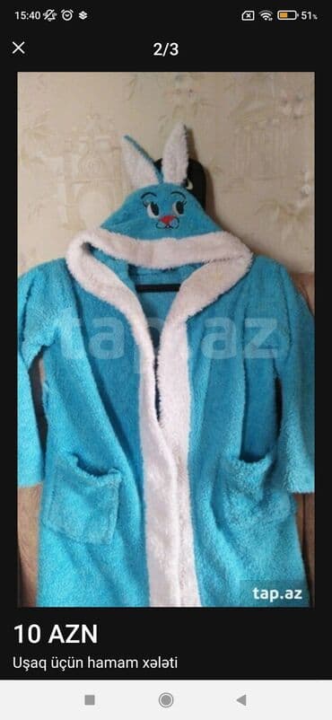 hamam xalatı türkçe: Uşaq üçün hamam xələti - Rəng: mavi, ağ haşiyəli - Material: 100% — 2