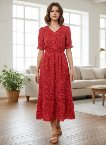 botoks effektli maskalar: Qırmızı rəngdə, ağ nöqtəli naxışlı midi don. Qısa qolları və V-yaxası — 1