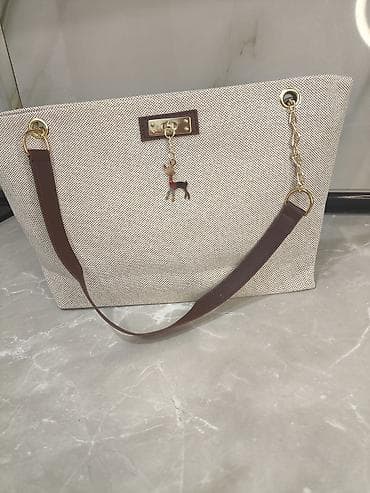 qizillar instagram: Bej rəngli tote çanta - Material: Toxuma fakturalı bej parça, qəhvəyi — 2