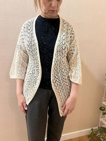 Верхняя одежда: Zərif açıq krem rəngli trikotaj kardiqan - Model: Açıq (düyməsiz), V — 1