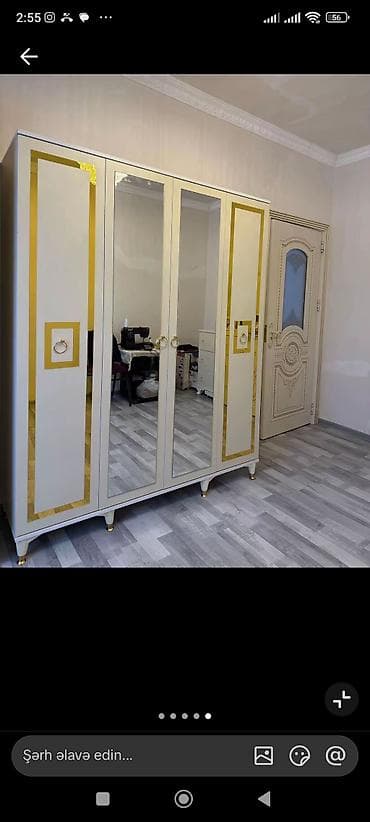 divar skafi: Yeni, 4 qapılı, Güzgülü, Ağ, Açılan, Düz dolab — 1