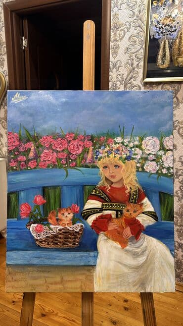 Антиквариат: Əl işi rəsm əsəri – “Skamyada qız və pişiklər” - Texnika: kətan — 1