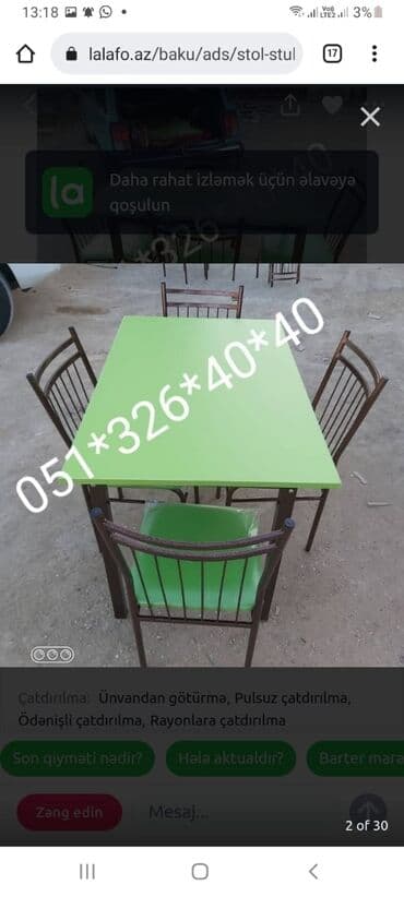 naxcivan bina evleri: Yeni, Dördbucaq masa, 6 stul, Açılan, Stullar ilə, Metal, Azərbaycan — 22