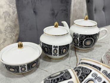 набор для рисования в баку: Чайный набор, цвет - Белый, Фарфор, 6 персон, СССР — 3