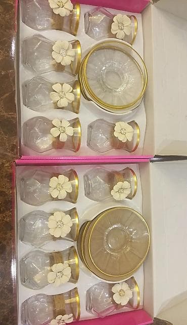 Çay dəsti, rəng - Qızılı, Şüşə