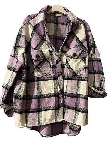 Qadınlar üçün rəngli flanel köynək-gödəkçə (shacket) – bənövşəyi, krem