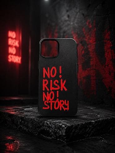 Qara mat dizaynlı telefon qabı – üzərində qırmızı “NO! RISK NO! STORY” — 1