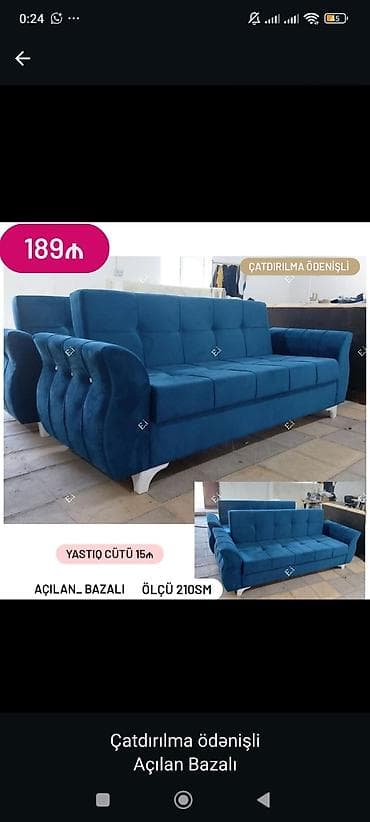 krep parca: Açılan-bazalı divan, ölçü 210 sm. Mavi rəngli, yumşaq parça üzlü — 1