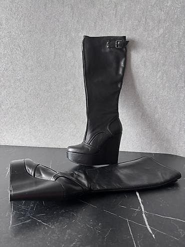 uzun sapaşki: Qadın çəkməsi – qara, dizaltı model - Üst material: hamar qara dəri — 1