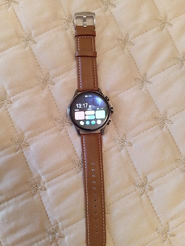 Ağıllı saat – dairəvi metal korpus, 3 yan düymə və qəhvəyi dəri k — 4