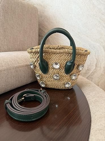 nic bag: Səbət tipli mini çanta – təbii toxuma materialdan, tünd yaşıl dəri — 2