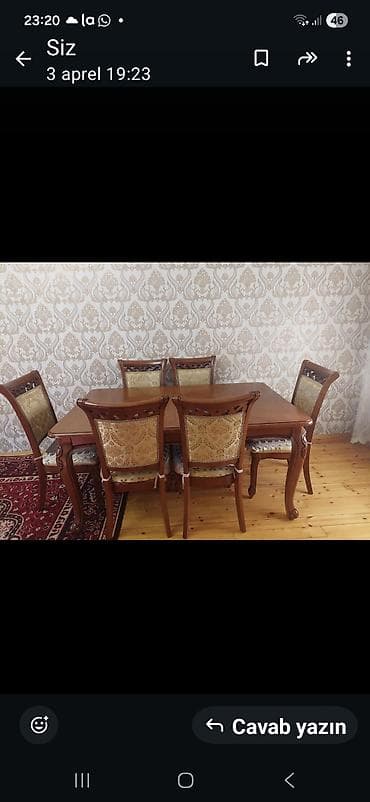 Qonaq otağı üçün, İşlənmiş, Açılan, Dördbucaq masa, 6 stul